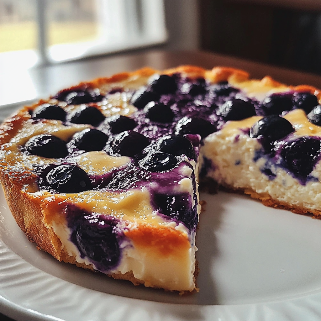Close-up of a baked blueberry cottage cheese breakfast dish with golden edges, juicy whole blueberries on top, and a creamy, fluffy interior, served on a white plate.