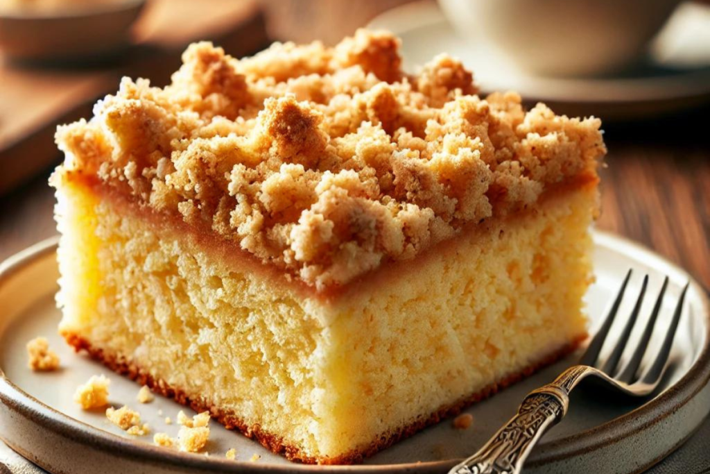 Slice of crumb cake with a crisp topping and moist vanilla cake on a wooden table.