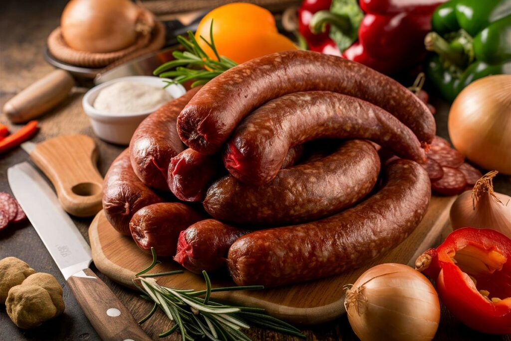 Why does Italian sausage taste different? Fresh Italian sausages with onions, peppers, and rosemary showcasing the ingredients that contribute to their distinct flavor.