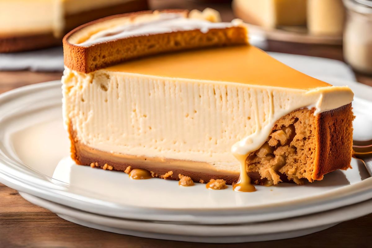 A slice of creamy butterscotch pie on a white plate with a golden brown crust, showing a smooth, rich filling with caramel dripping from the side.