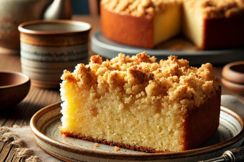 A slice of crumb cake with a golden brown topping served on a ceramic plate with rustic cups in the background.