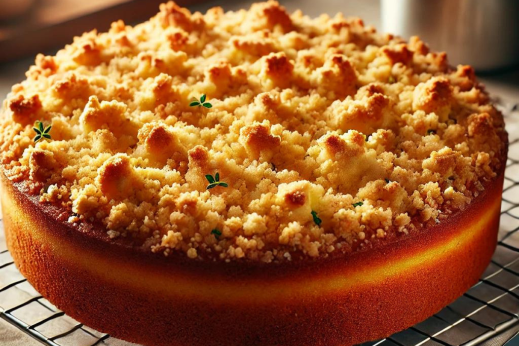 Freshly baked crumb cake with golden brown, buttery topping cooling on a wire rack.