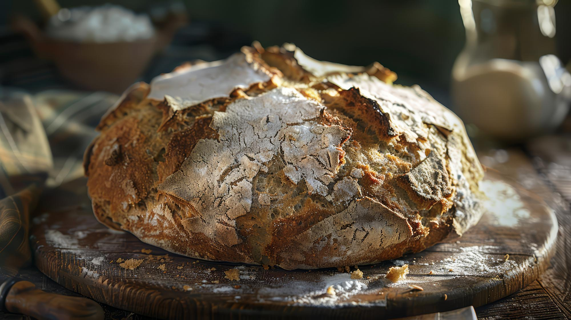 Rustic homemade sourdough bread with a golden crust on a wooden cutting board.