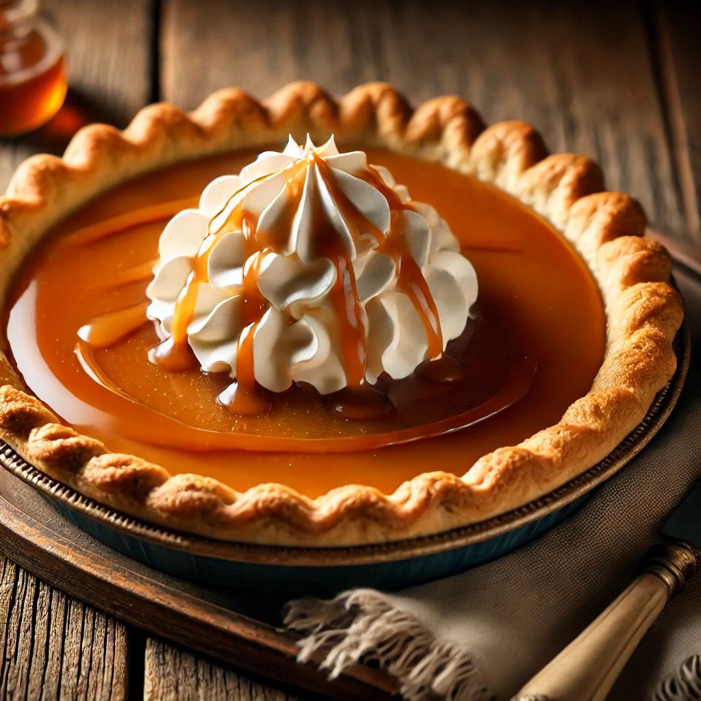 A beautifully presented butterscotch pie with a creamy filling and a golden crust, topped with whipped cream and caramel drizzle on a rustic wooden table.