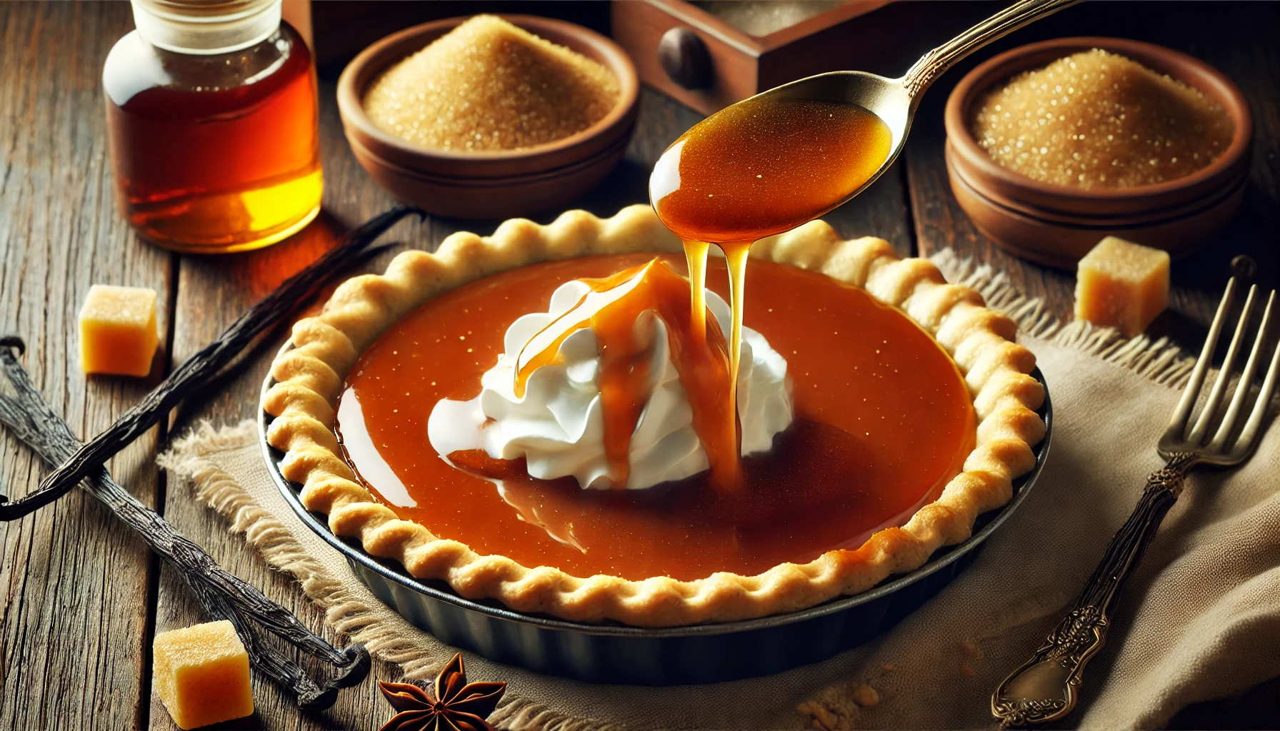 Butterscotch sauce being poured over a freshly baked pie with whipped cream, set on a rustic wooden table with brown sugar and vanilla pods in the background.