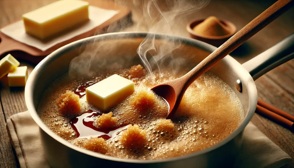 Brown sugar and butter melting in a saucepan, stirred with a wooden spoon, showing the start of the butterscotch-making process, with steam rising.