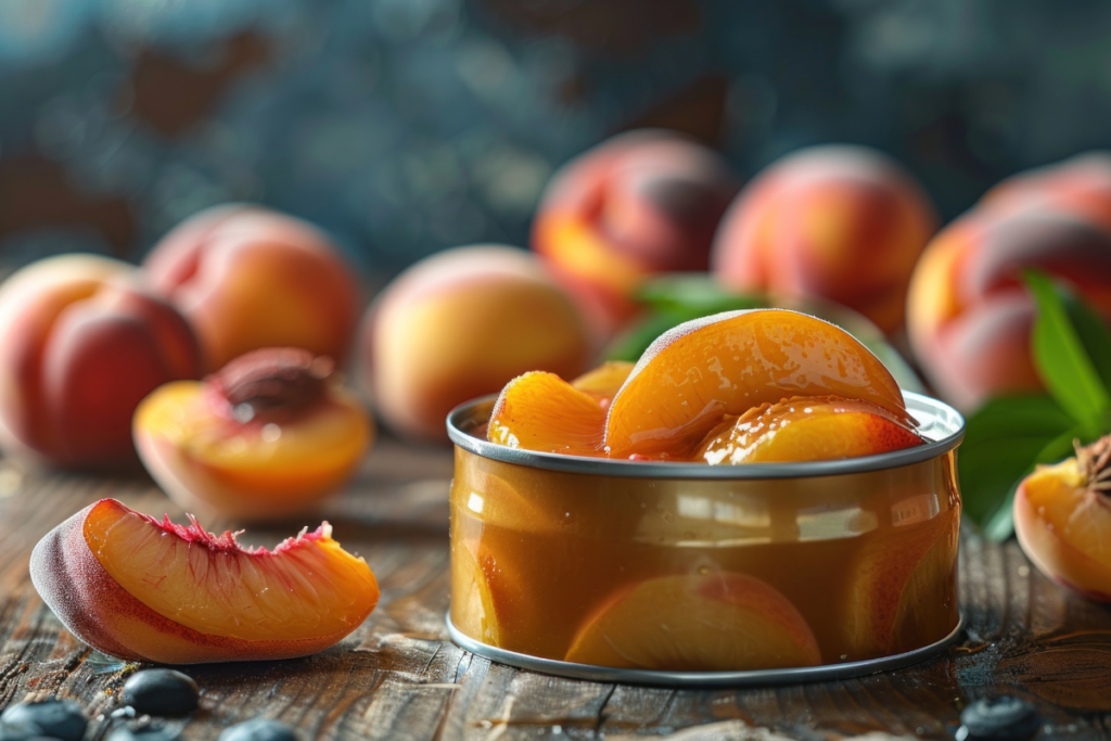 A can of peaches with fresh peaches in the background on a rustic wooden surface, highlighting the differences between fresh and canned peaches.