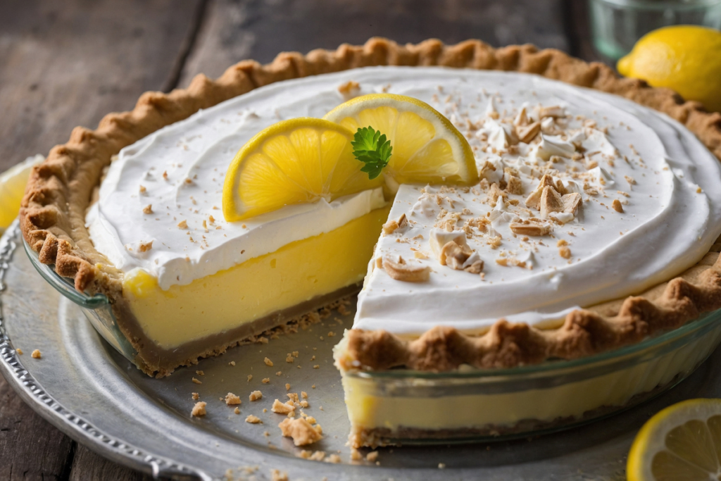 Cream cheese lemonade pie topped with whipped cream, lemon slices, and crushed nuts on a silver