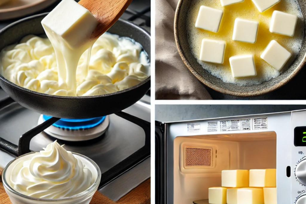 A featured image showcasing cream cheese being melted on the stovetop, in a microwave, and in an oven