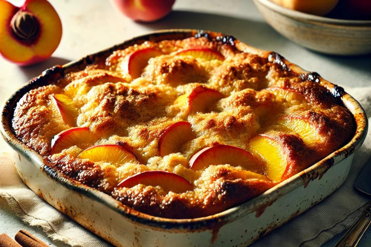 A golden-brown peach cobbler with a crispy topping in a rustic dish, fresh peaches, and cinnamon sticks beside it in a light kitchen setting