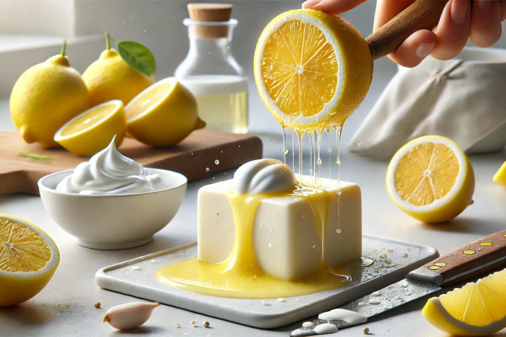 Fresh lemon juice being squeezed over cream cheese with lemons and whipped cream in the background