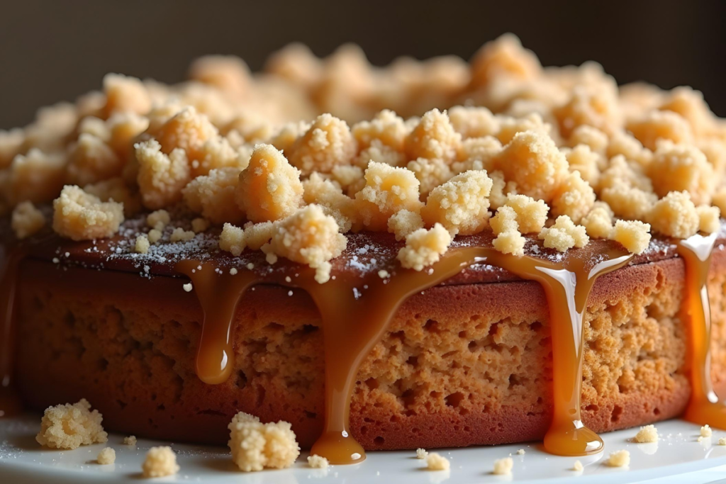 Close-up of a moist applesauce crumb cake with a caramel drizzle and buttery crumb topping.