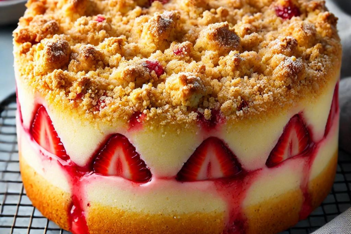 Strawberry cheesecake crumb cake cooling on a wire rack with a golden crumb topping and strawberry filling.