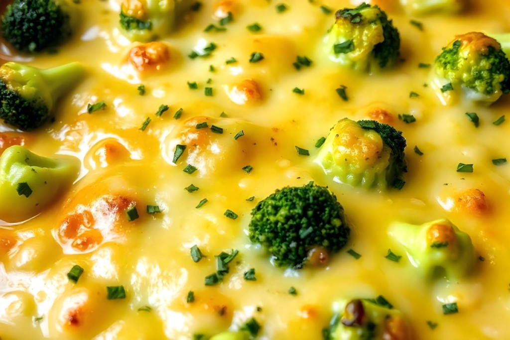 Golden, cheesy broccoli casserole in a baking dish with a perfectly thickened and creamy texture.