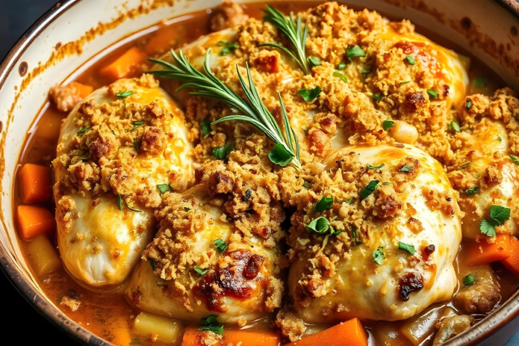 A golden-brown chicken casserole topped with crispy breadcrumbs and melted cheese, garnished with fresh herbs, with visible carrots and celery for added texture and flavor.