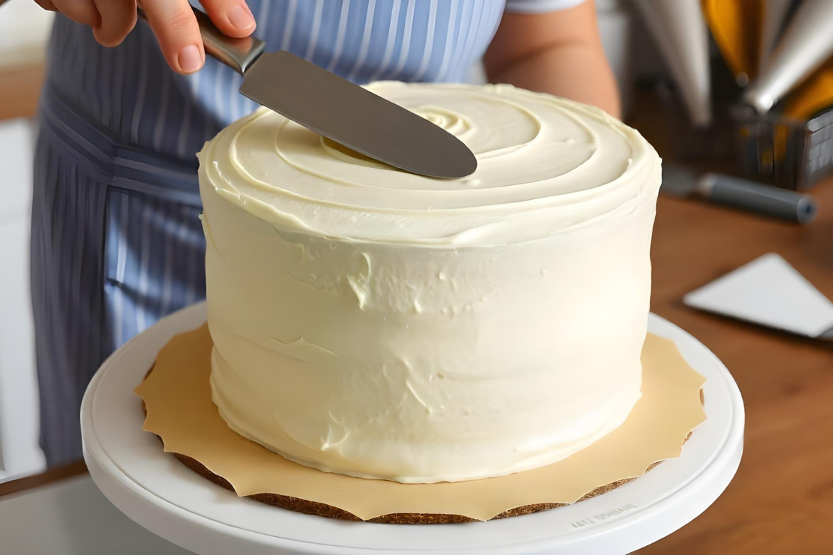 A baker applies a crumb coat to a layered cake using an offset spatula. The cake sits on a turntable, and the smooth layer of frosting is spread evenly on top and sides.