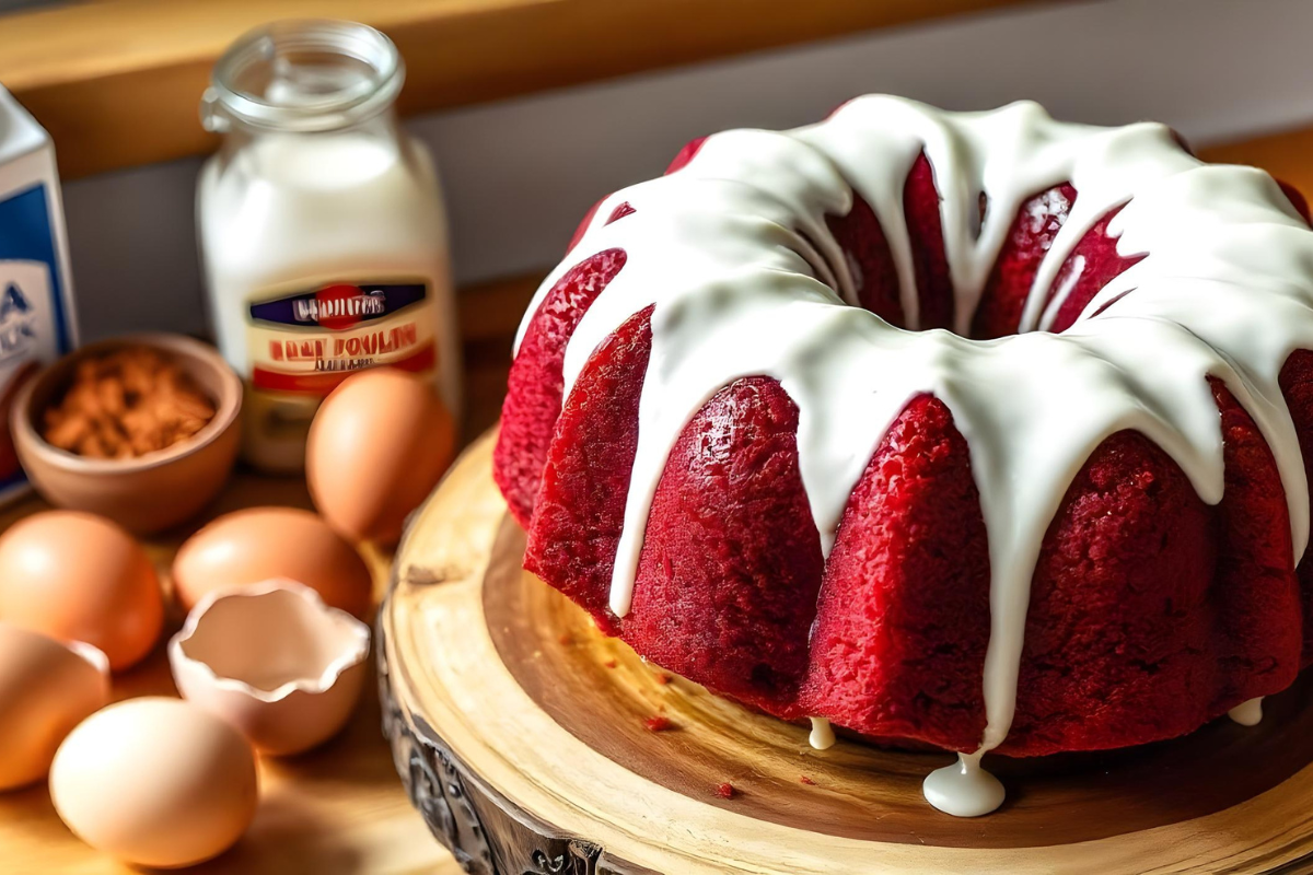 A freshly baked red velvet bundt cake with cream cheese frosting on a wooden cake stand, surrounded by baking ingredients on a rustic kitchen counter.