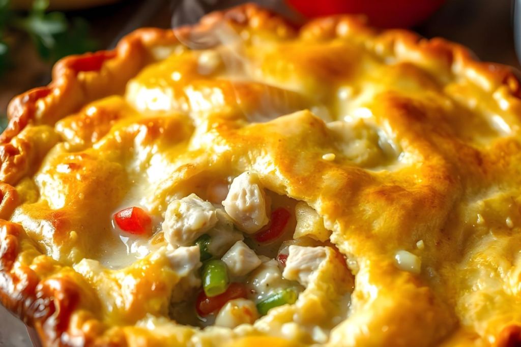 Golden, flaky Pillsbury chicken pot pie with a savory filling of chicken and vegetables, topped with a perfectly browned crust