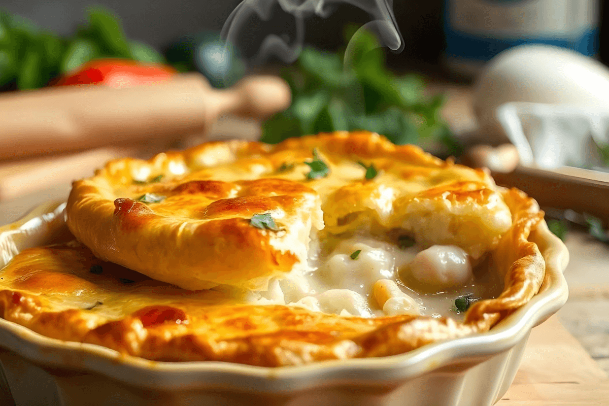 Golden, flaky Pillsbury chicken pot pie with creamy filling, topped with fresh herbs, steaming in a rustic pie dish on a wooden kitchen table.