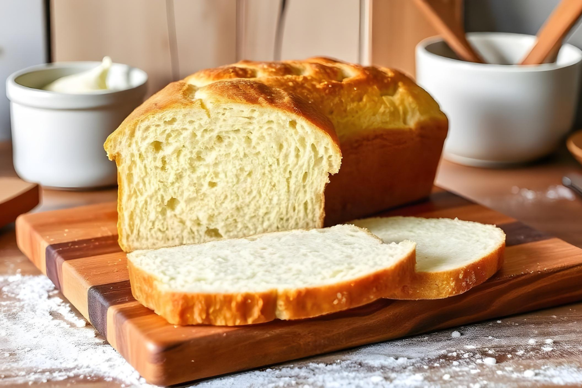 Traditional Amish White Bread freshly baked and sliced on a wooden cutting board in a rustic kitchen setting