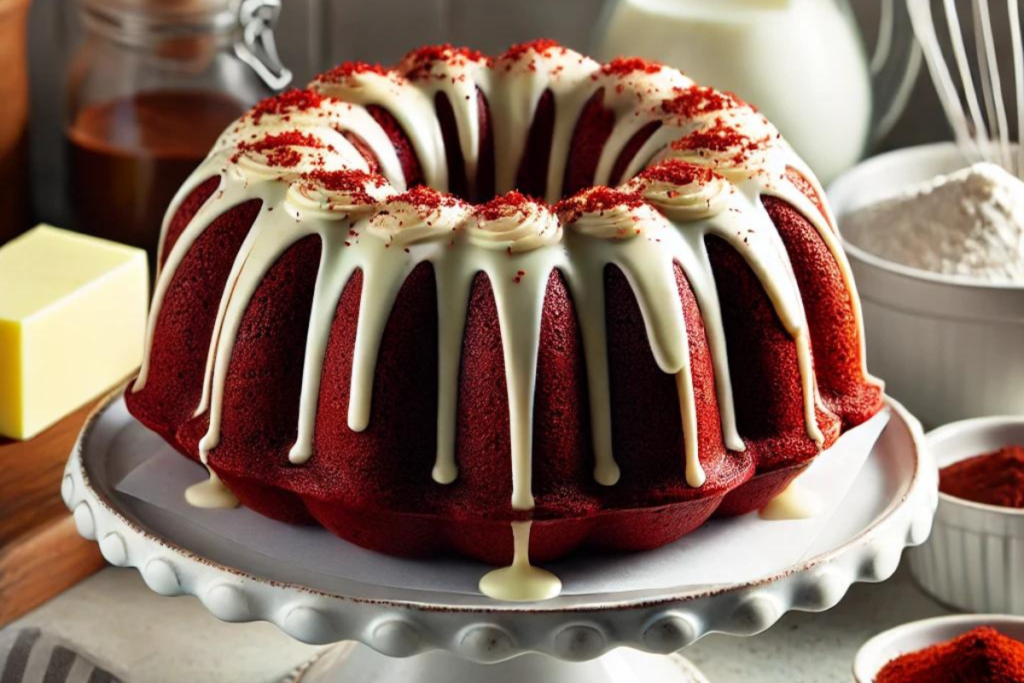 A perfectly baked red velvet bundt cake drizzled with cream cheese frosting on a cake stand.