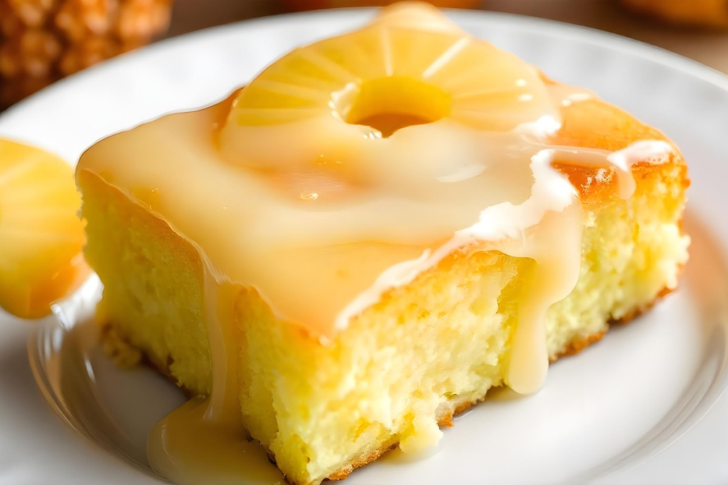 Close-up of a moist pineapple cake slice topped with a glossy pineapple ring and glaze, served on a white plate.