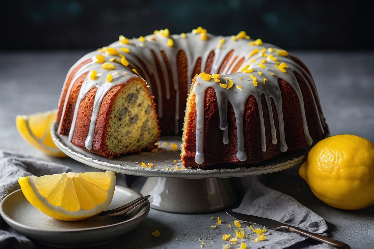 Lemon poppy seed Bundt cake with lemon glaze on a serving platter, garnished with lemon slices.