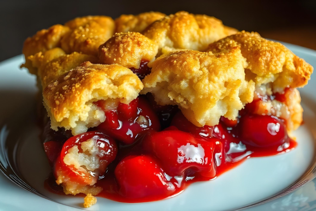 Close-up of a cherry cake mix cobbler with a golden-brown crust and vibrant cherry filling.