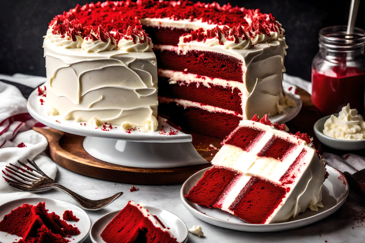 Red Velvet Cake with cream cheese frosting, sliced to reveal its rich red layers and served on a white cake stand.