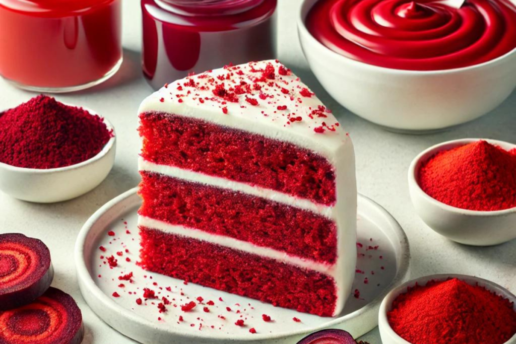 Slice of Red Velvet Cake with cream cheese frosting, surrounded by bowls of red food coloring, beet juice, and natural color powders