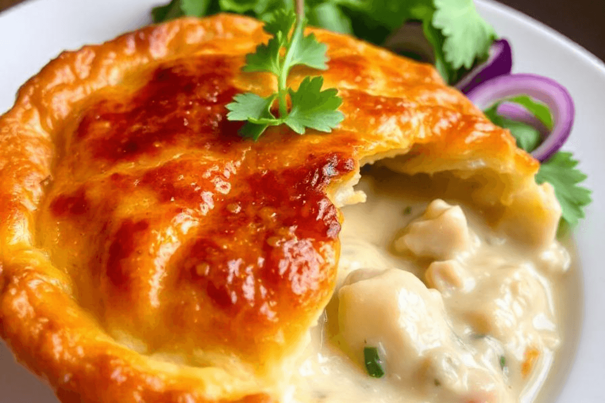 Golden brown chicken pot pie with creamy filling and fresh parsley garnish