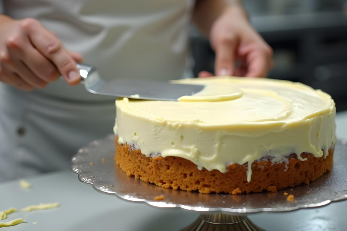 Baker spreading cream cheese frosting on a cake with a spatula.