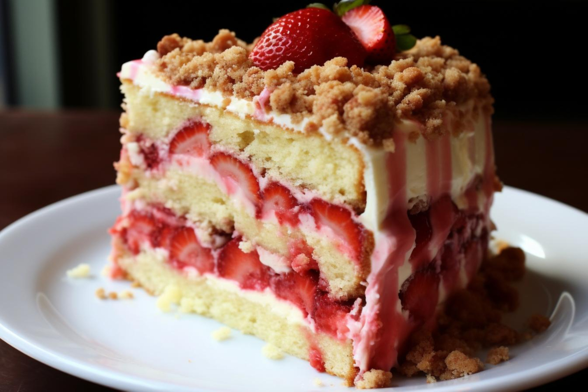 Slice of strawberry crumb cake with layers of fresh strawberries, cream, and crumb topping on a white plate