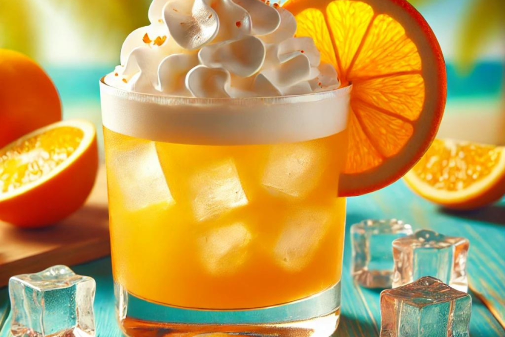 A glass of orange creamsicle moonshine with ice and an orange slice garnish.