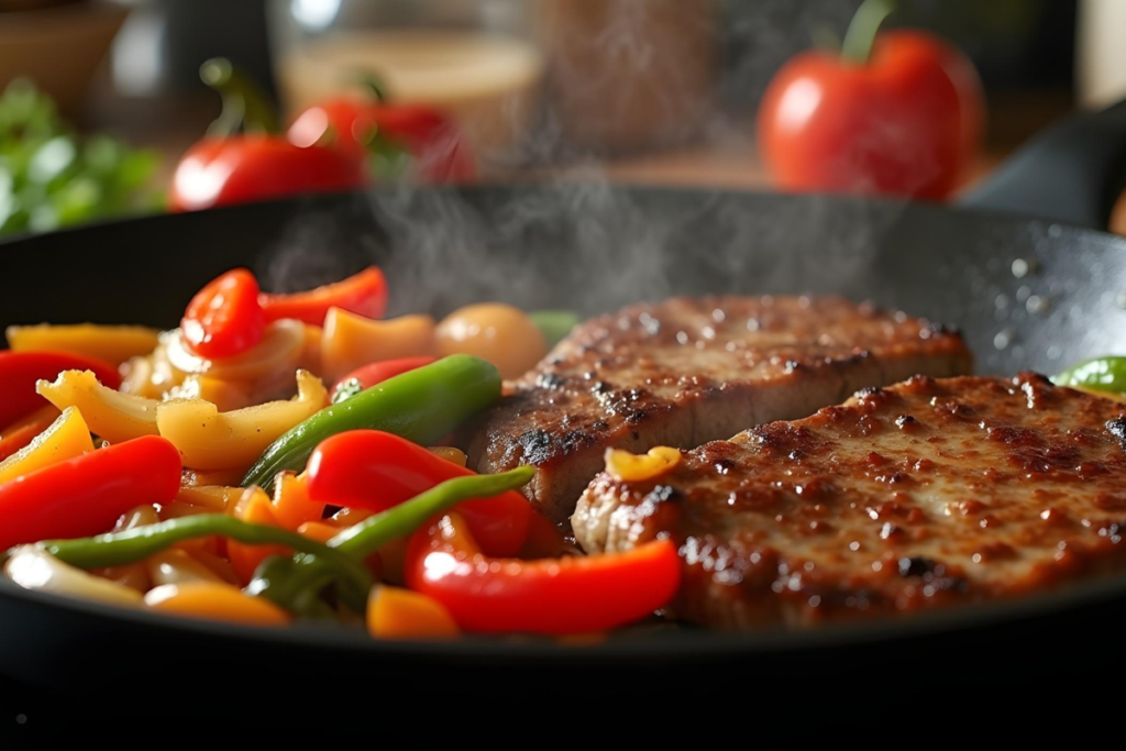 Sizzling peppers, onions, and seared meat cooking in a hot pan.