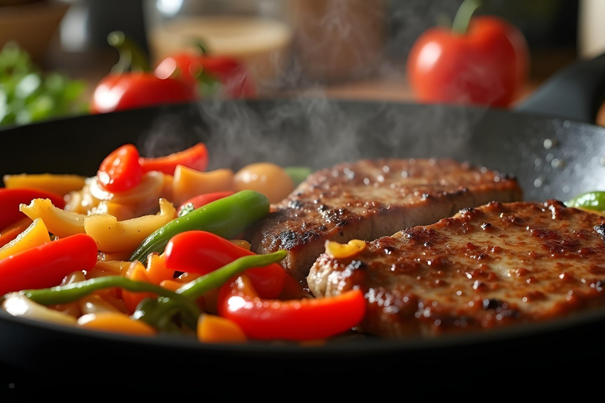 Sizzling peppers, onions, and seared meat cooking in a hot pan.