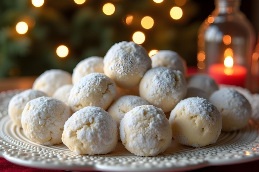 A plate of buttery pecan snowball cookies dusted with powdered sugar, placed in a festive holiday setting with warm candlelight and soft background bokeh.