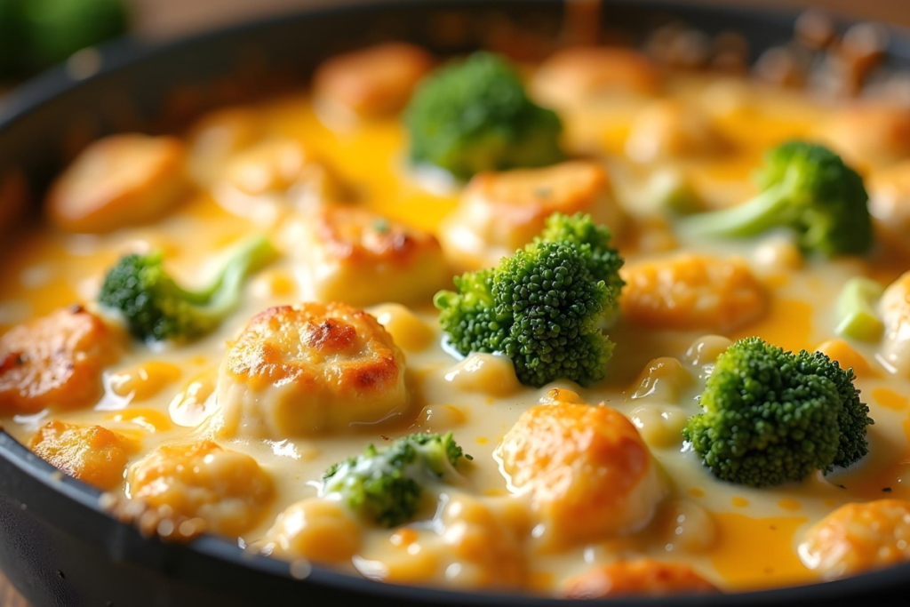 Baked creamy chicken broccoli casserole with golden melted cheese on top.