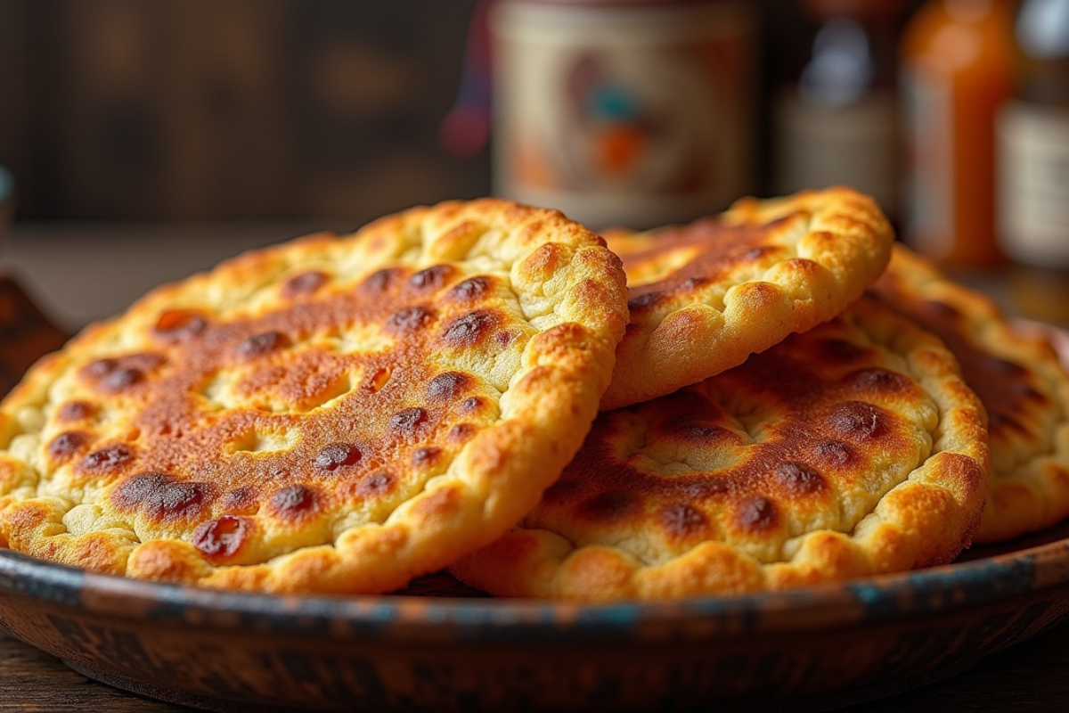 Traditional Indian frybread being served at a Native American gathering with cultural symbols in the background.