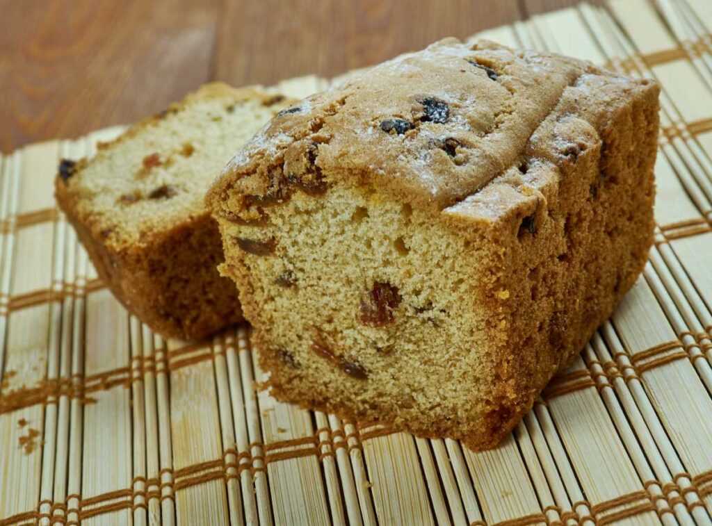 Moist barm brack with sultanas and raisins on a bamboo mat