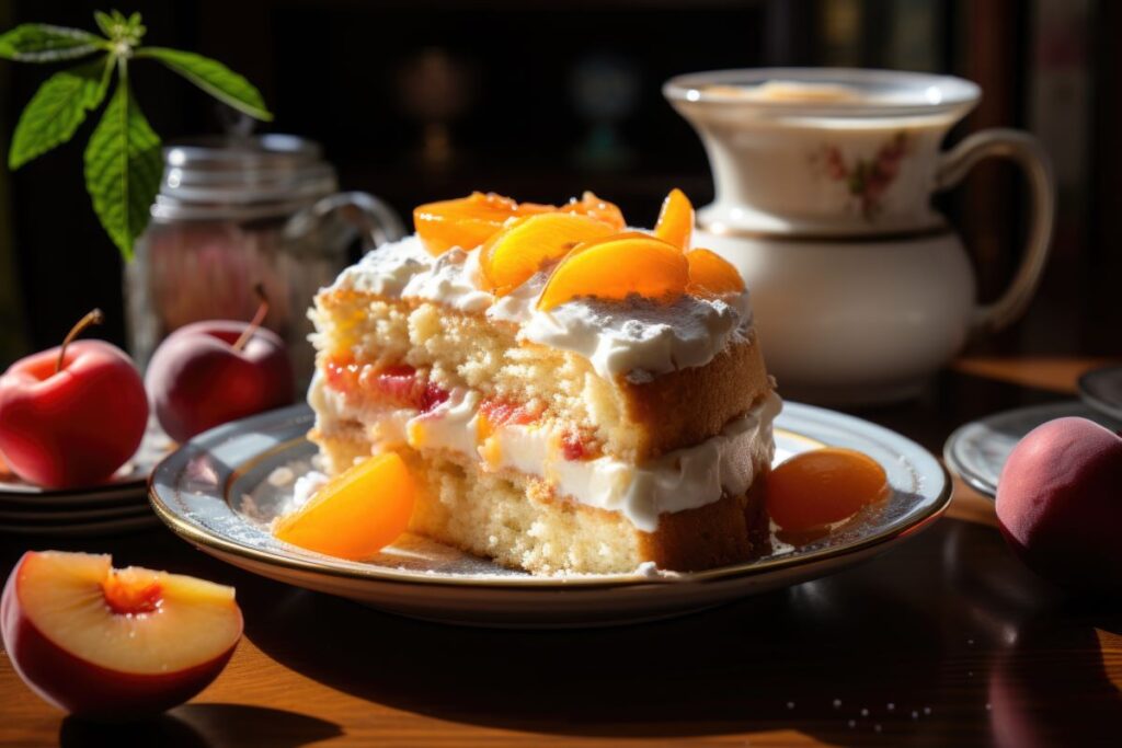 A slice of peach cobbler cheesecake topped with fresh peaches on a plate with peaches in the background.