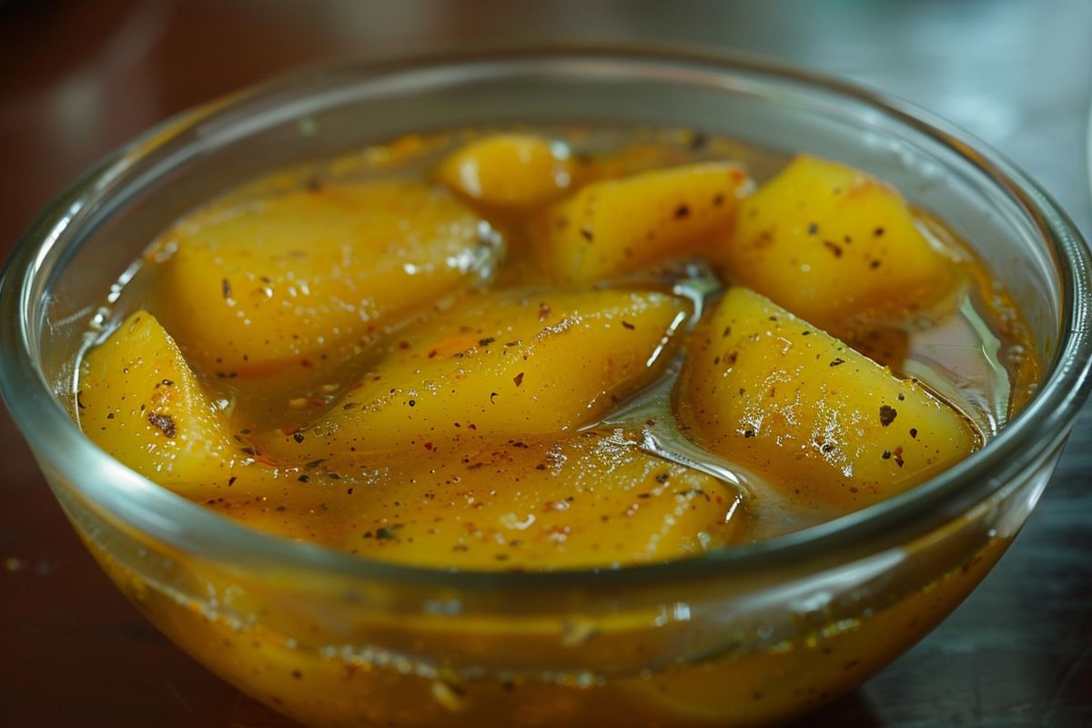 Watery candied sweet potatoes in a glass bowl with a thin syrup and spices