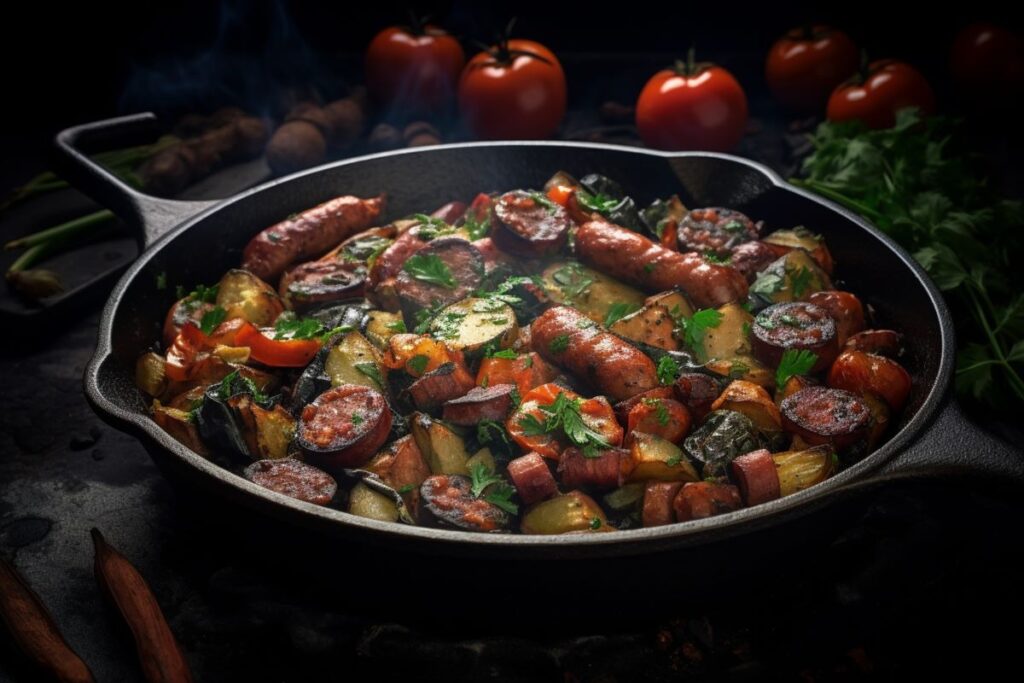 Sizzling Italian sausage with roasted vegetables in a cast-iron skillet