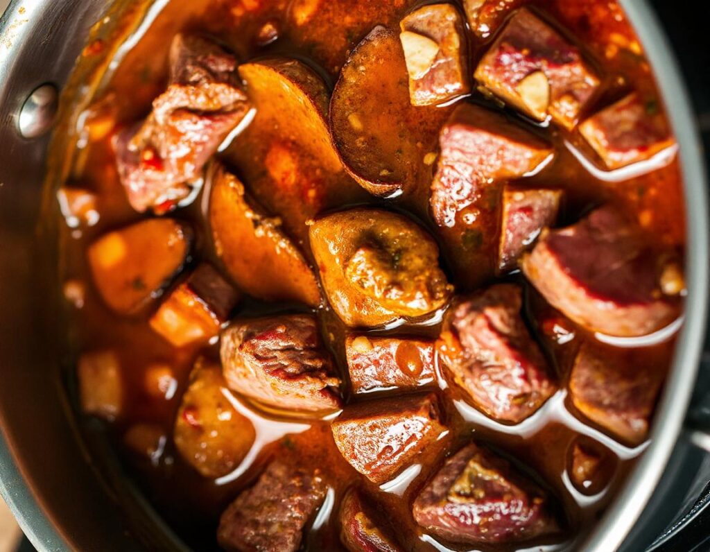 Close-up of a pot of gumbo simmering with meat, sausage, and vegetables.