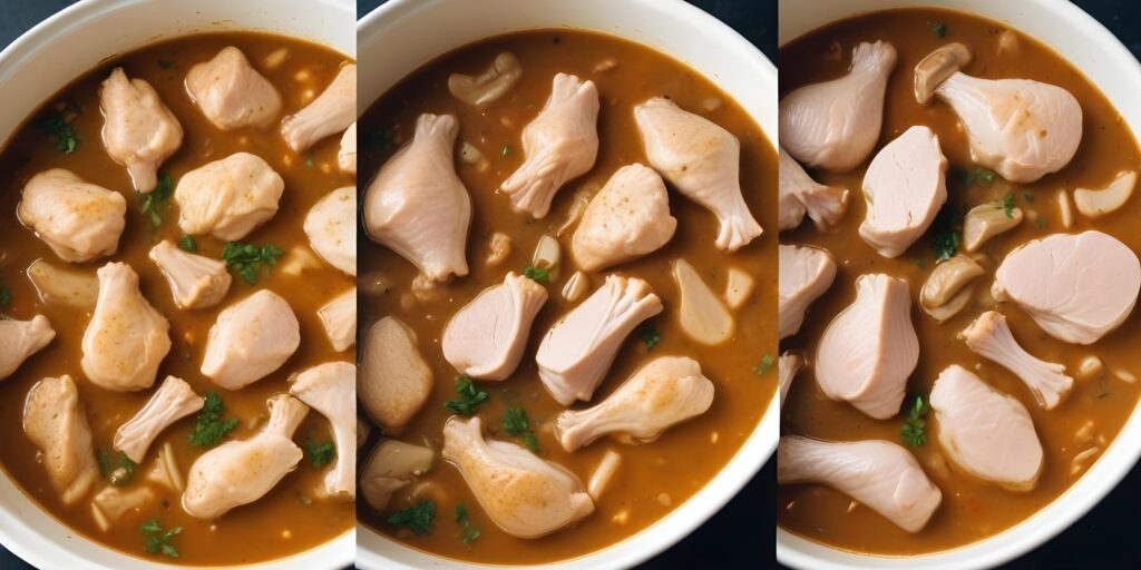 Raw chicken pieces being added to a pot of simmering gumbo with vegetables and spices