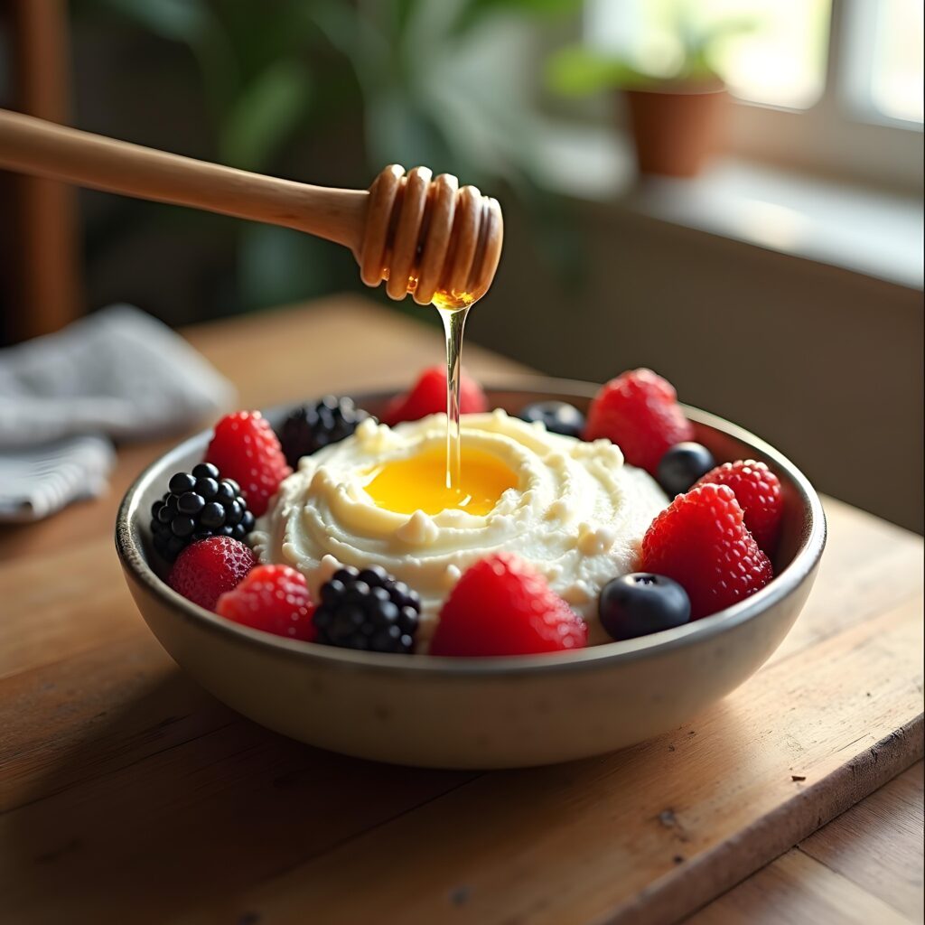 A bowl of cottage cheese topped with fresh berries, with honey being drizzled over it, creating a healthy and delicious breakfast option.