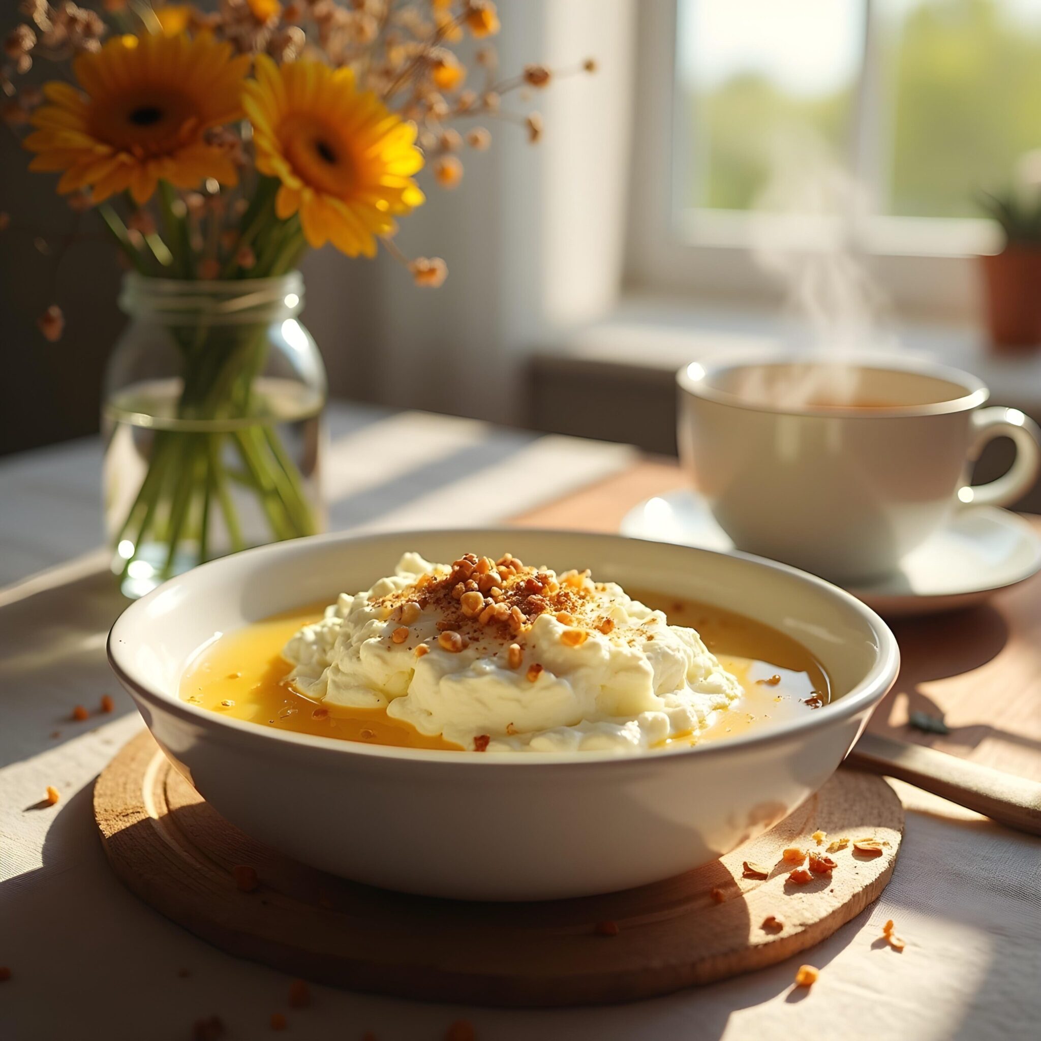 Cottage cheese in a bowl with a drizzle of honey and crunchy toppings, served alongside a cup of coffee in a bright, cozy setting.