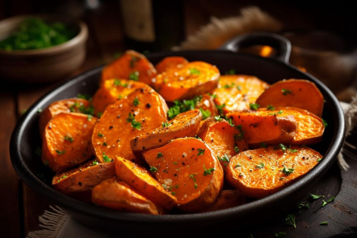 Roasted sweet potatoes garnished with herbs, resembling the dish from How do you make Patti LaBelle sweet potatoes recipe.