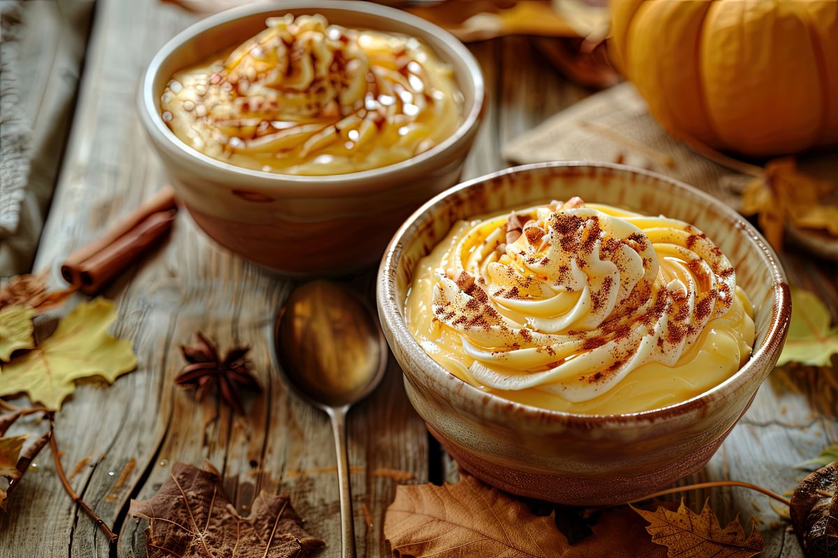 Two bowls of pumpkin fluff dip topped with whipped cream and cinnamon, set on a rustic wooden table with fall-themed decorations