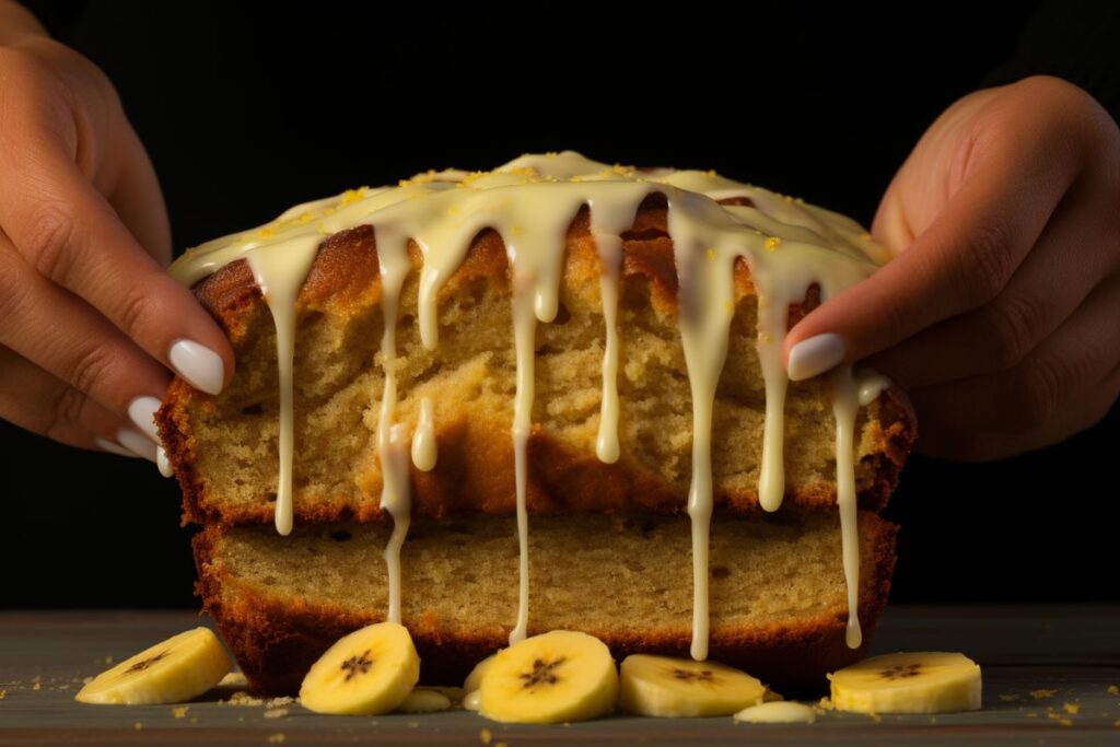 Hands holding a cream cheese pound cake with banana slices and dripping icing.